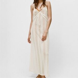 ZARA Cream Crochet Knit Pointelle Stripe Maxi Dress Cover Up Large Ruffles